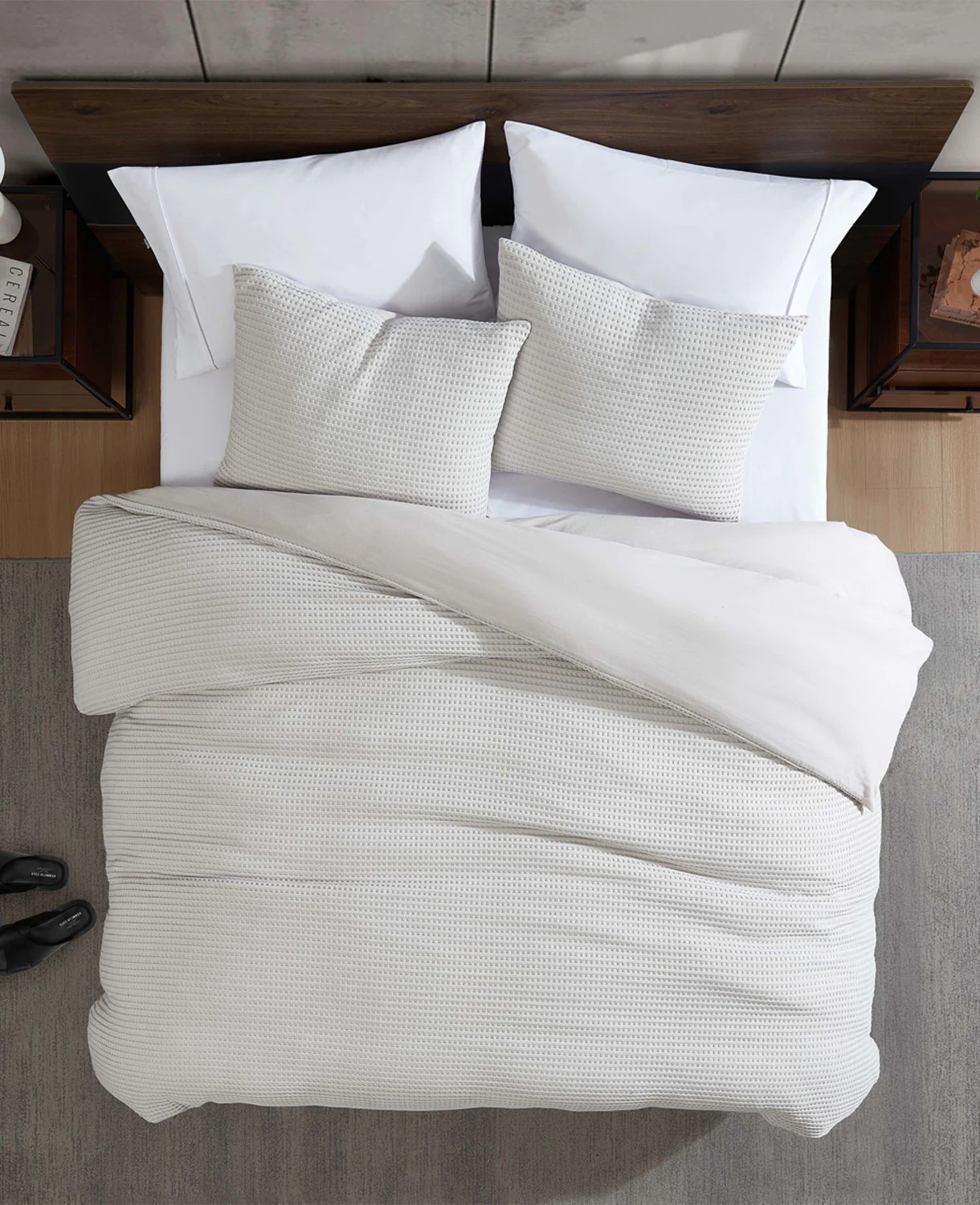 Reversible Solid Grey Waffle Duvet Cover Set - Image 15