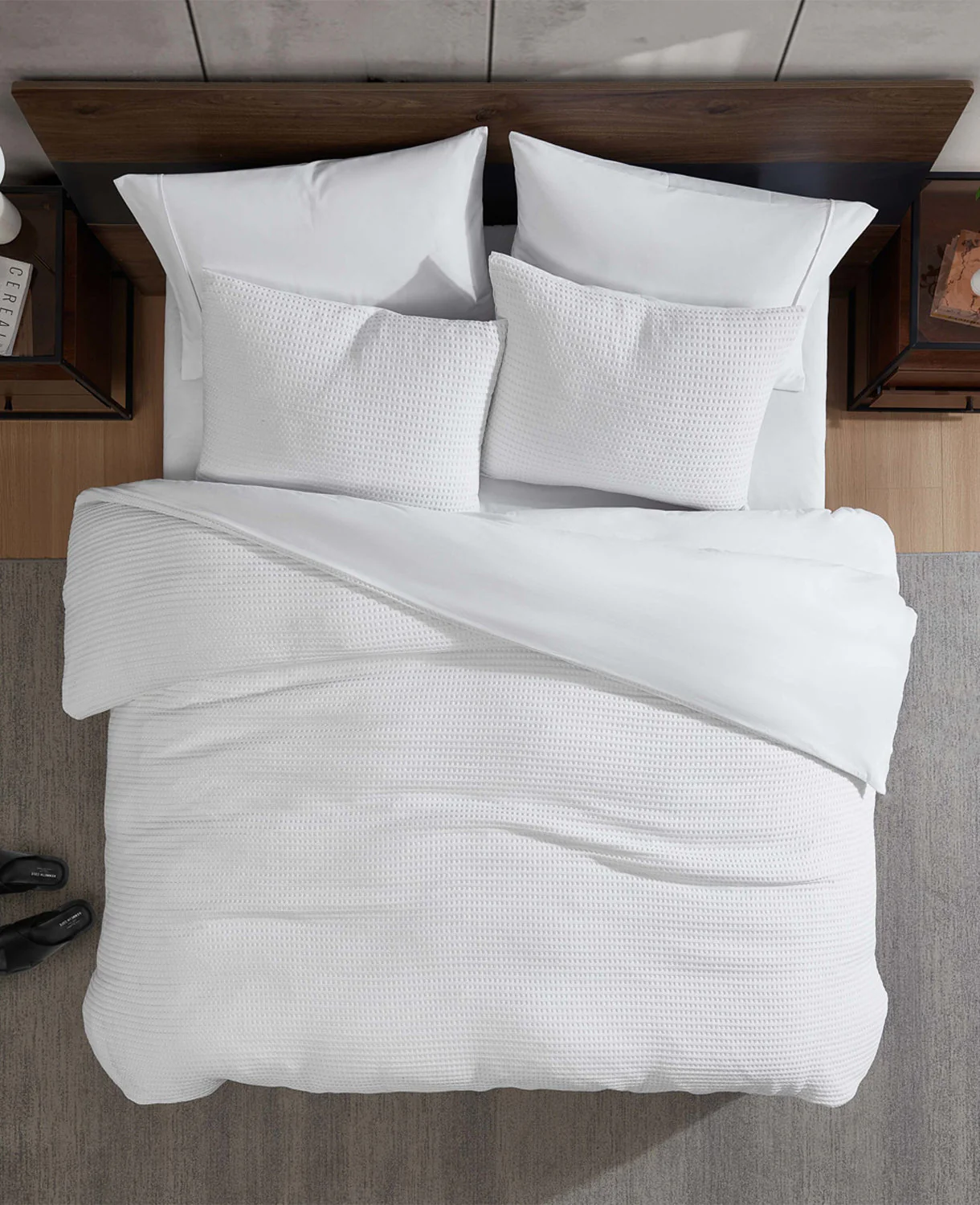 Reversible Solid White Waffle Duvet Cover Set - Image 6